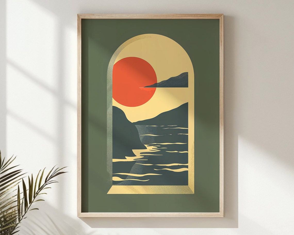 Burning Red Sun Over Ocean Waves Boho Archway Sunset Print Poster - Image 6