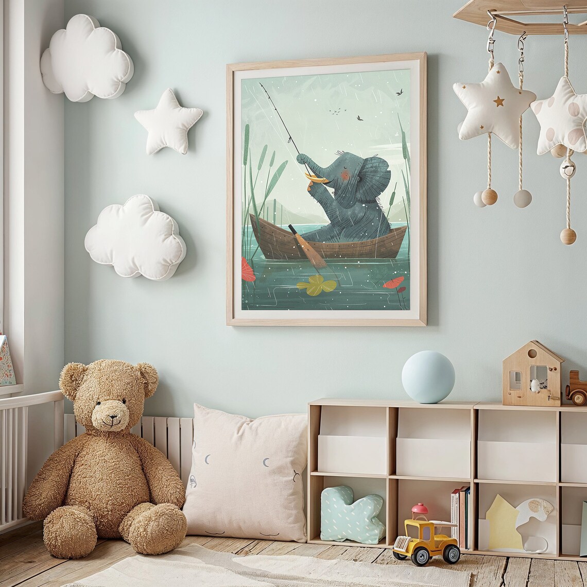 Elephant Fishing From Boat In Rain Whimsical Kids Nursery Wall Art Poster - Image 3
