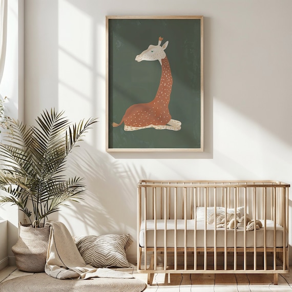 Resting Giraffe Rust Brown Spots On Forest Green Nursery Safari Poster