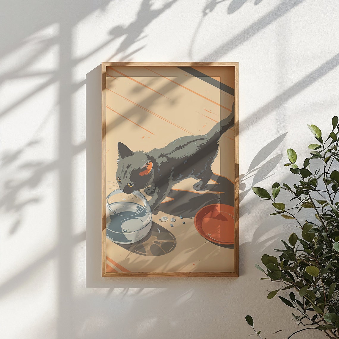 Grey Kitten Drinking Water Glass Orange Dish Sunbeam Nursery Poster - Image 2