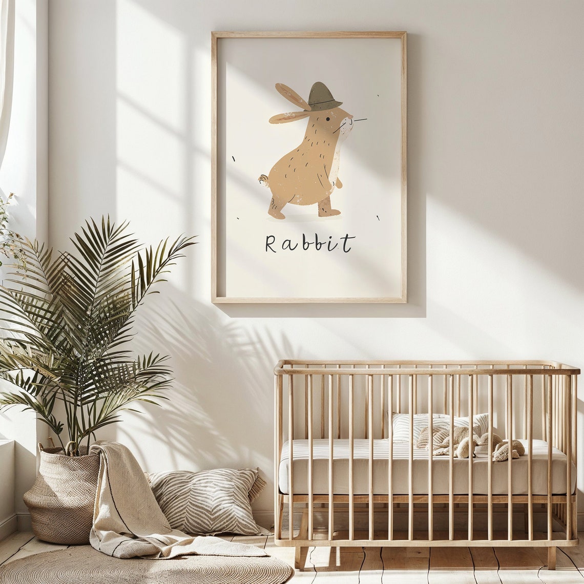 Rabbit Wearing Hat Cream Background Kids Nursery Bedroom Art Poster