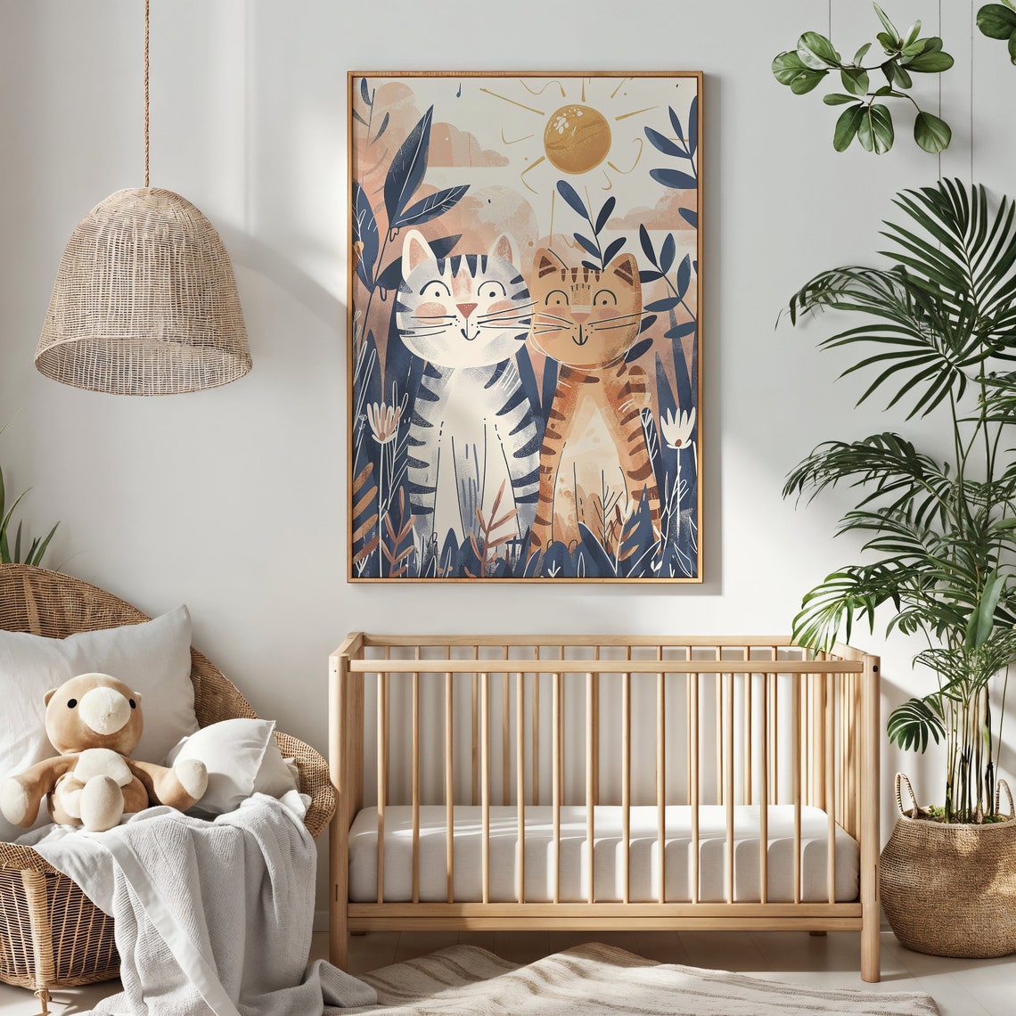 Two Smiling Cats Sun Nursery Poster Jungle Foliage Playful Kids Art - Image 3
