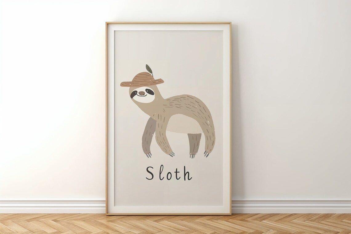 Sloth Wearing Safari Hat Cream Neutral Nursery Kids Room Art Poster - Image 4