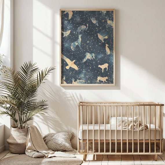 Celestial Animals Nursery Wall Art Kids Posters Decor Illustration Instant Starry Night Sky Background