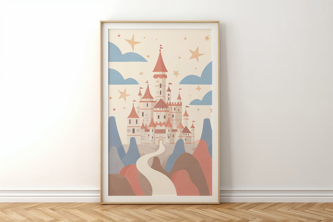 Whimsical Castle Red Spires Winding Road Colorful Hills Starry Poster - Image 4