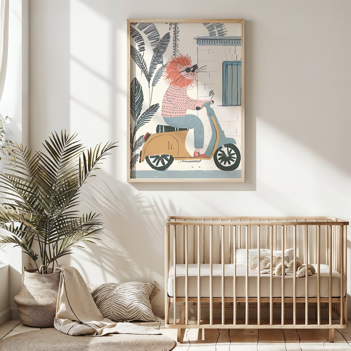 Cool Lion Riding Scooter Nursery Poster Sunglasses Playful Kids Art