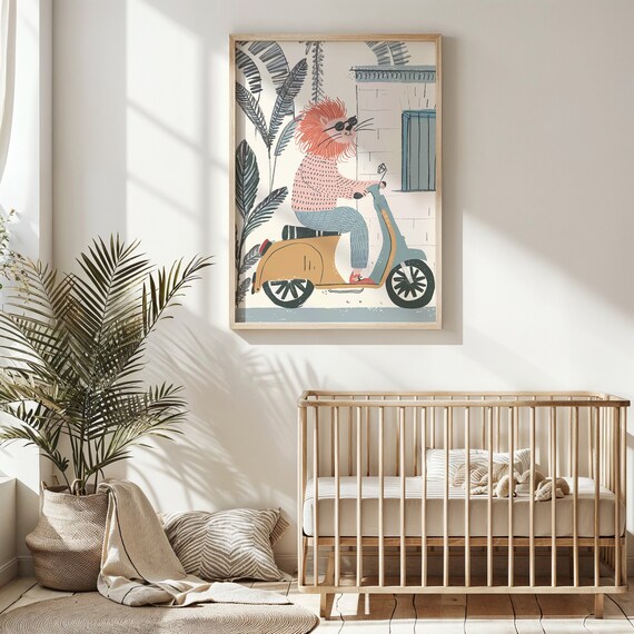 Cool Lion Riding Scooter Nursery Poster Sunglasses Playful Kids Art