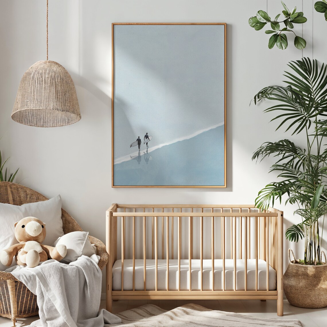 Two Surfers Shoreline Walk Aerial Minimalist Ocean Coastal Poster - Image 2