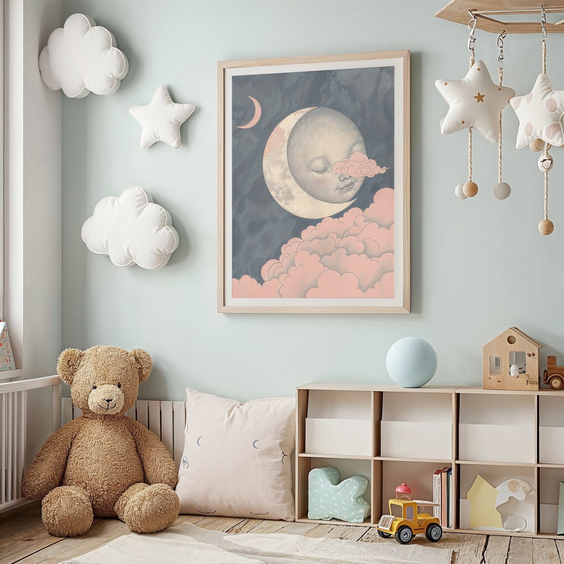 Dreamy Moon Face Resting On Crescent With Pink Clouds Night Sky Poster - Image 2