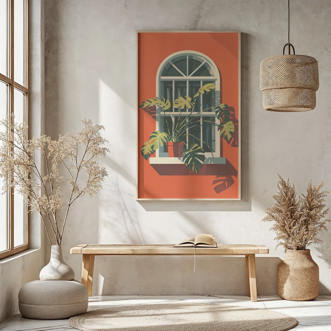 Monstera Leaves Arched Window Terracotta Wall Botanical Art Poster