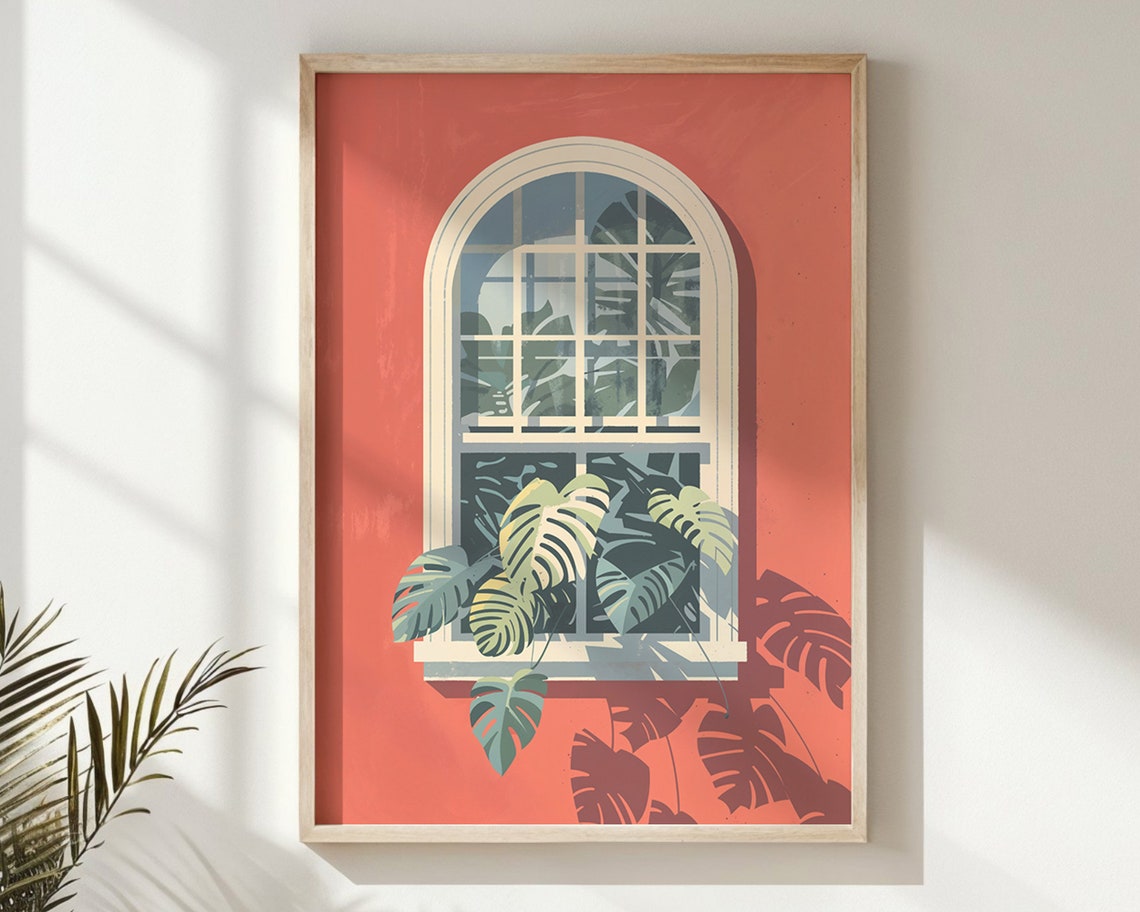 Monstera Leaves Arched Window Shadow Play Terracotta Botanical Poster