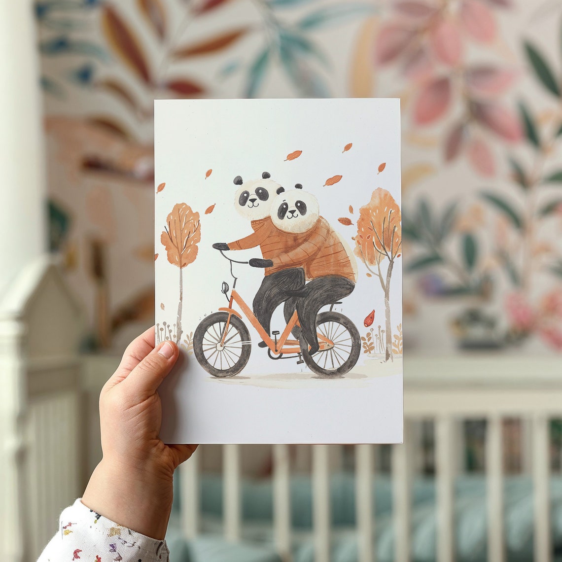 Two Pandas Riding Bicycle In Autumn Trees Watercolor Nursery Poster - Image 2