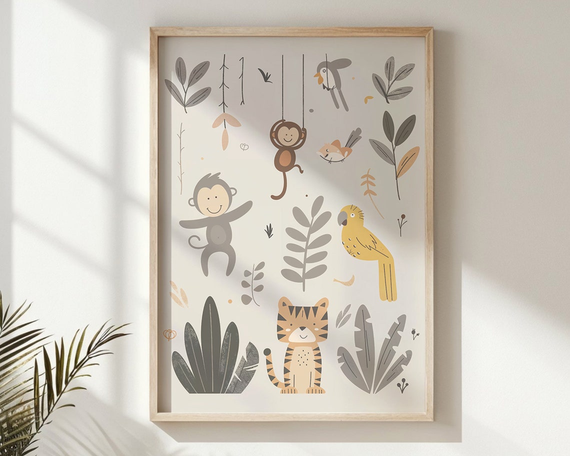 Jungle Animals Nursery Poster Monkeys Parrot Tiger Botanical Kids Art - Image 6