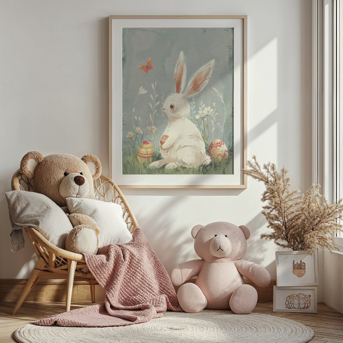 White Bunny Meadow Daisies Patterned Eggs Vintage Spring Poster - Image 4