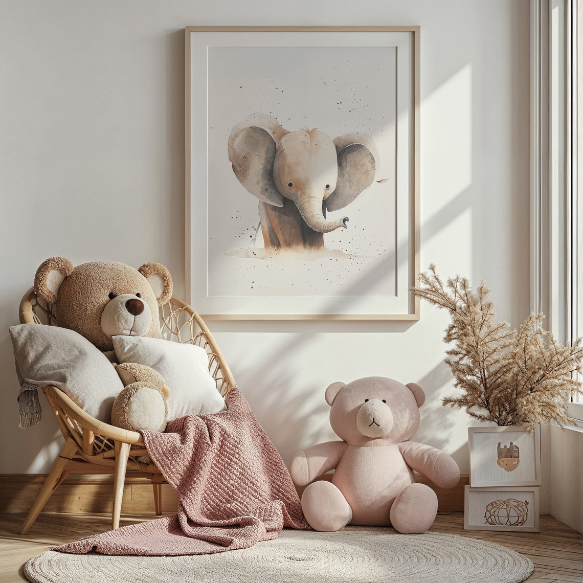 Baby Elephant Watercolor Soft Beige Safari Nursery Wall Decor Poster - Image 3