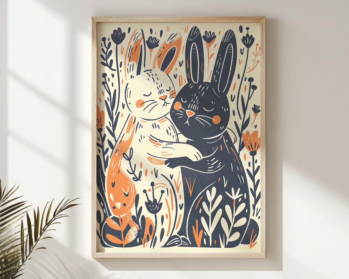 Two Bunnies Hugging Floral Illustration Whimsical Easter Wall Art Poster - Image 6