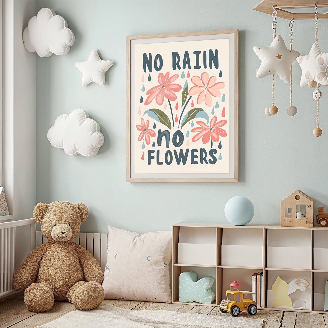 No Rain No Flowers Floral Quote Pink Blossoms Raindrops Nursery Poster - Image 2