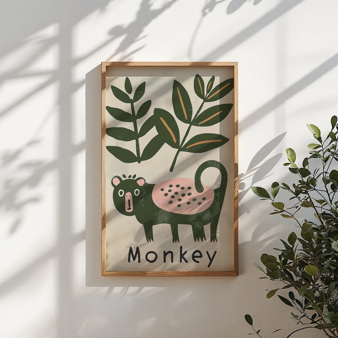 Green Monkey Pink Spotted Belly Tropical Leaves Kids Jungle Poster - Image 5