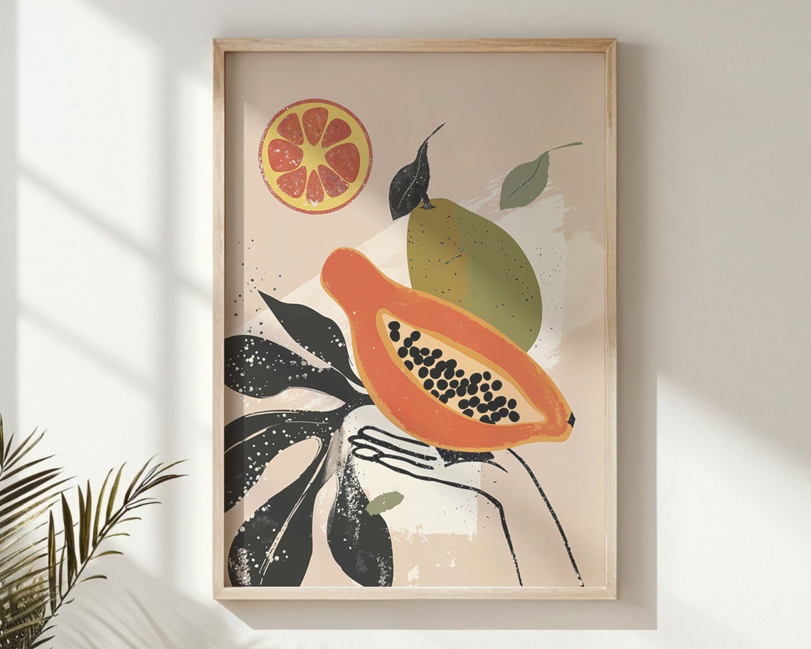 Hand Holding Papaya Blood Orange Monstera Modern Tropical Art Print - Image 5