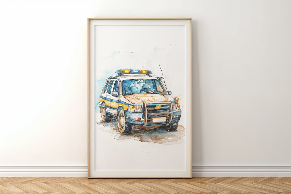 Watercolor Police SUV With Light Bar Kids Room Vehicle Wall Poster - Image 5