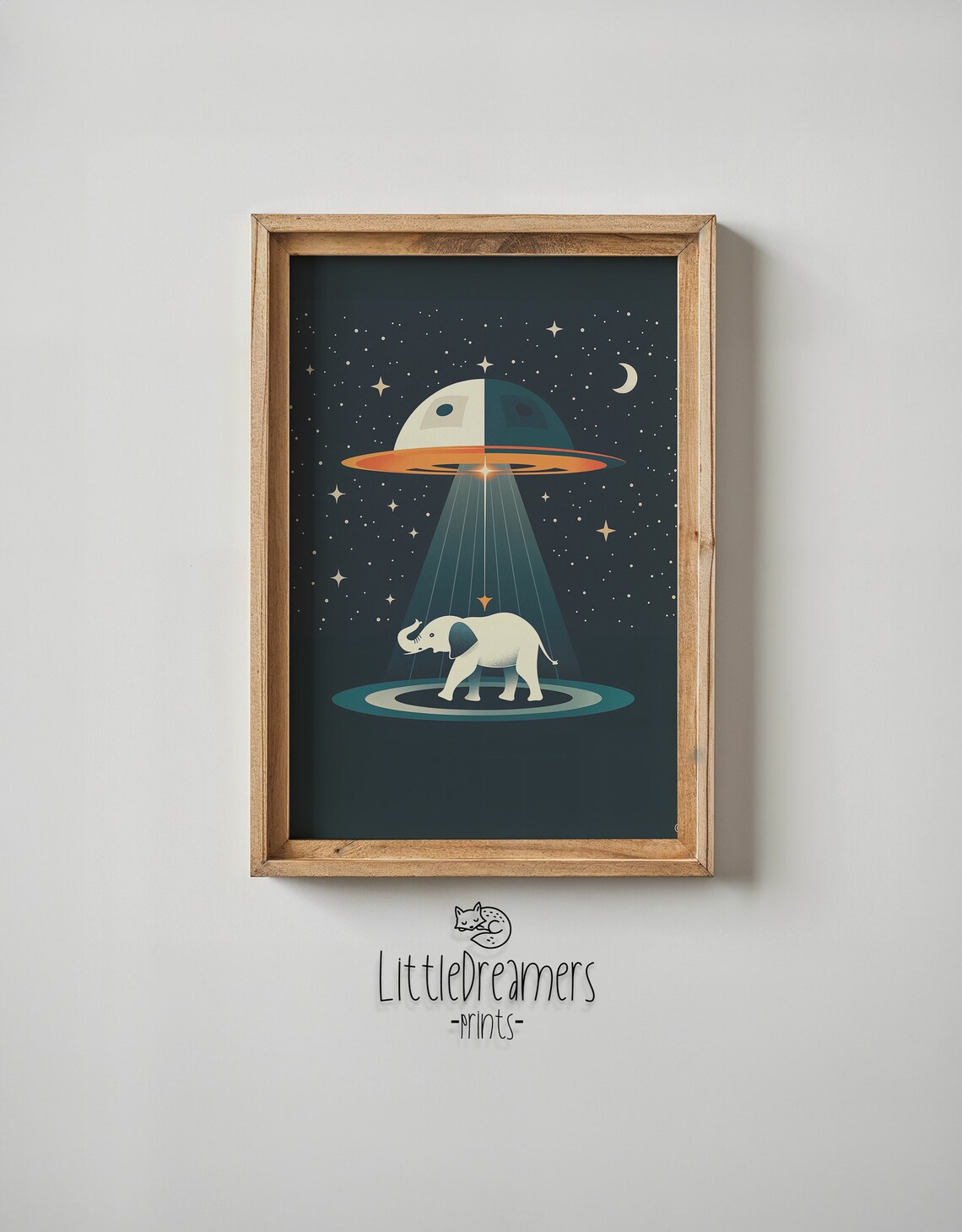 Space Elephant UFO Abduction Beam Cute Sci Fi Kids Nursery Wall Art Poster