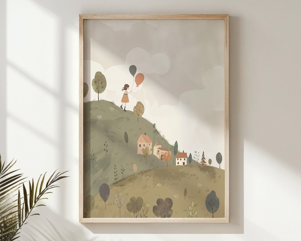 Girl With Balloons Nursery Poster, Kids Wall Art