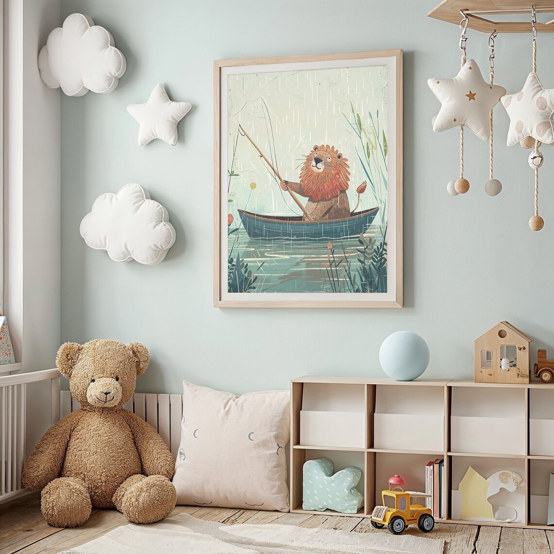 Lion Fishing From Boat Whimsical Lake Illustration Kids Wall Art Poster - Image 3