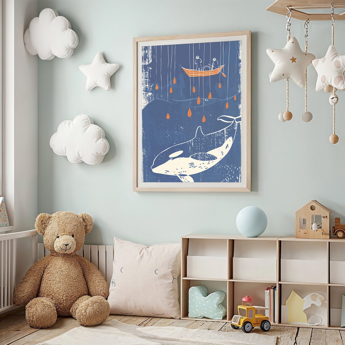 White Whale Fishermen Puppet Strings Blue Orange Nautical Art Poster - Image 2