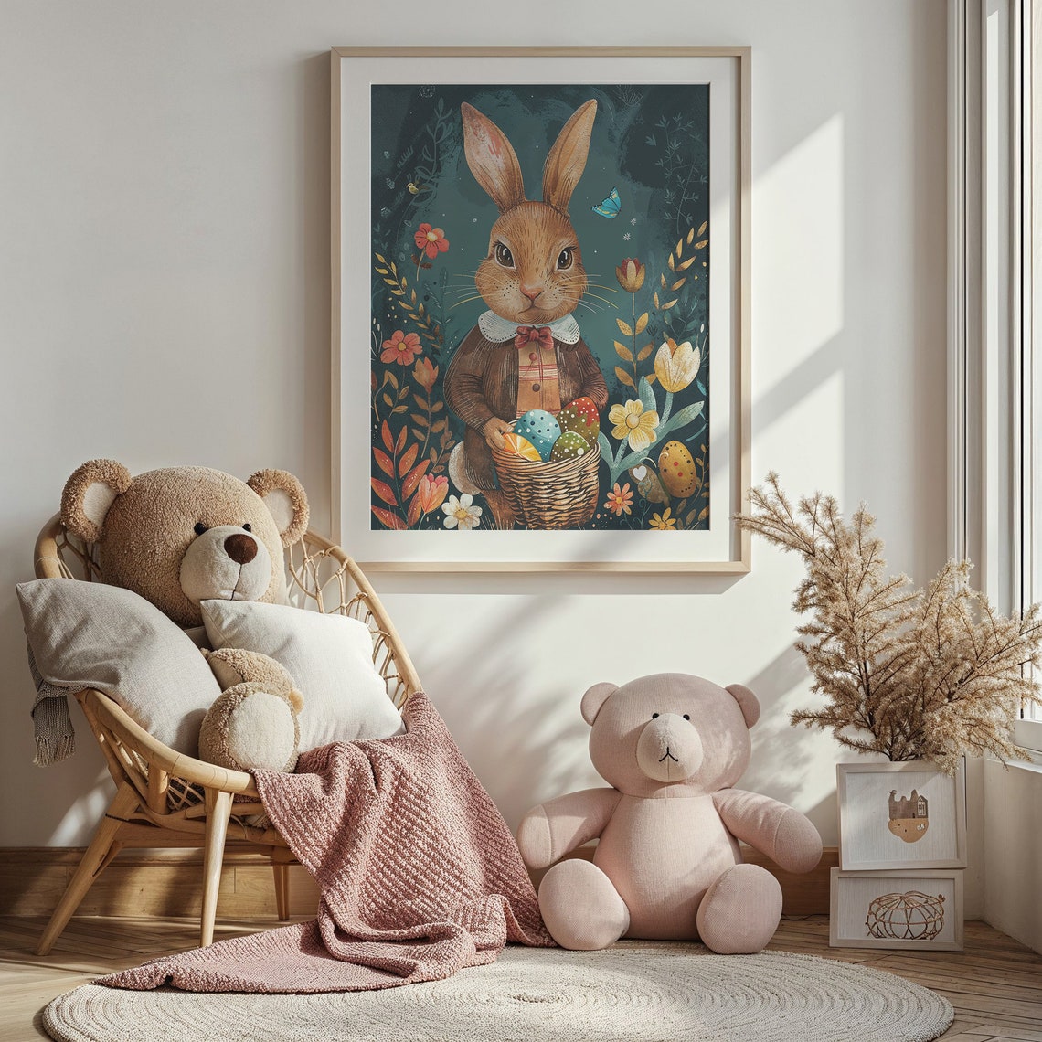 Dapper Brown Bunny Bow Tie Egg Basket Dark Floral Easter Poster - Image 3