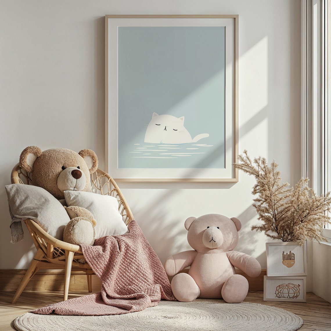 White Cat Bath Time Calm Blue Minimalist Nursery Wall Art Poster - Image 4
