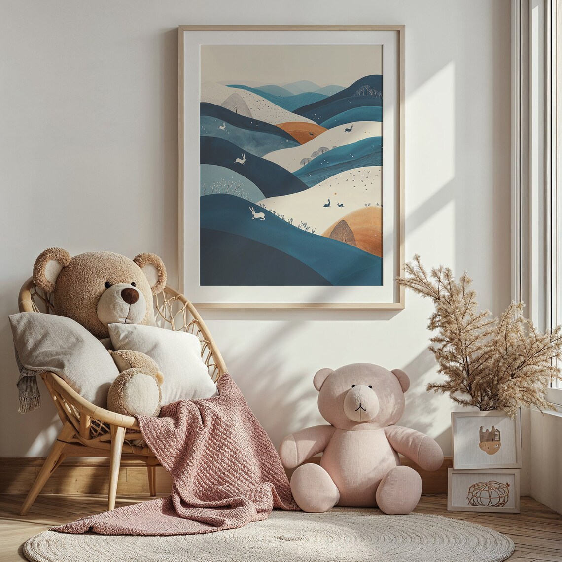 Abstract Rolling Hills Hares Birds Teal Beige Nursery Poster - Image 4