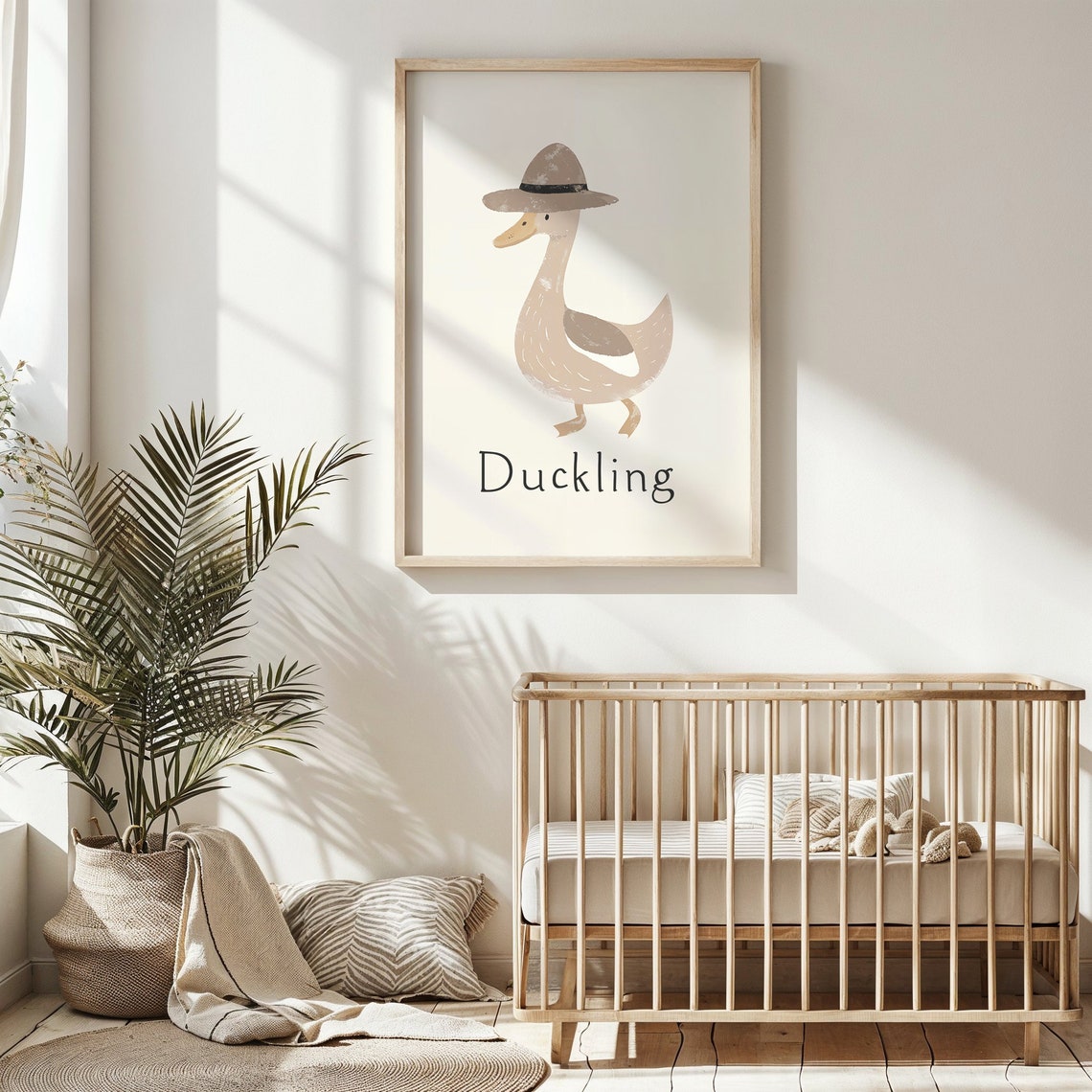 Duckling Wearing Brown Hat Neutral Tones Nursery Kids Room Art Poster