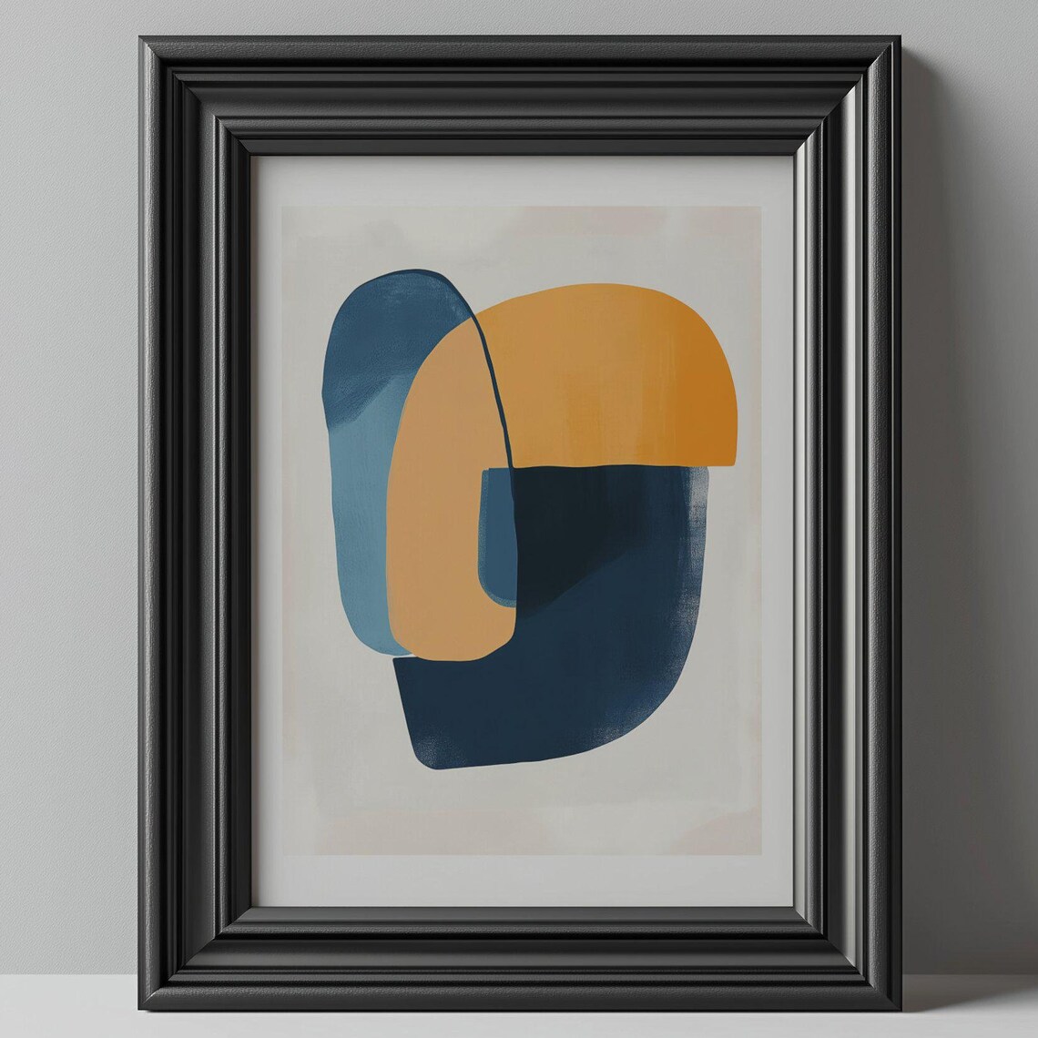 Royal Blue and Mustard Interlocking Abstract Shapes Mid Century Poster