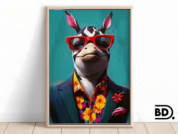 Cool Zebra in Red Sunglasses and Suit Quirky Animal Portrait Poster