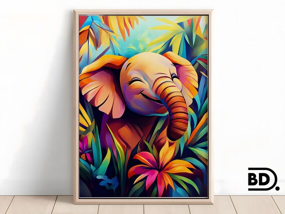Smiling Baby Elephant Colorful Jungle Floral Animal Wall Art