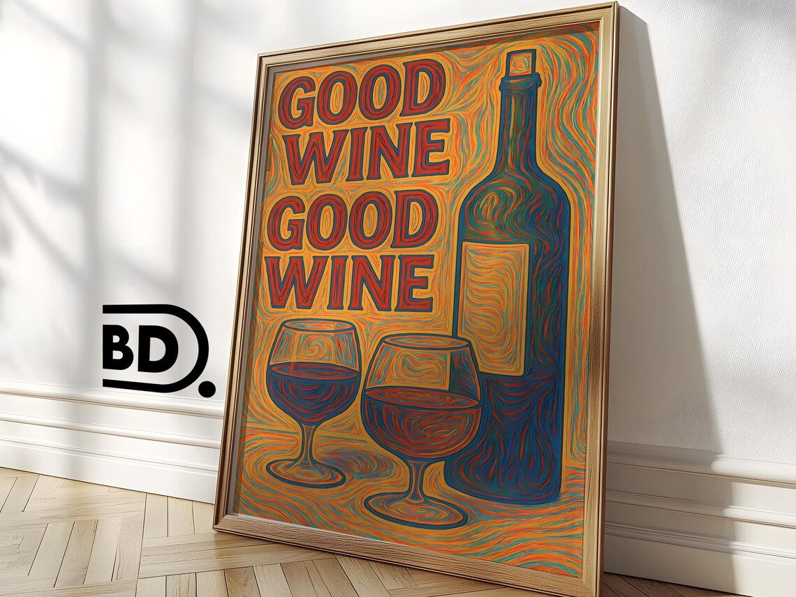 Good Wine Retro Lettering Poster With Bottle And Glasses Swirly Style - Image 3
