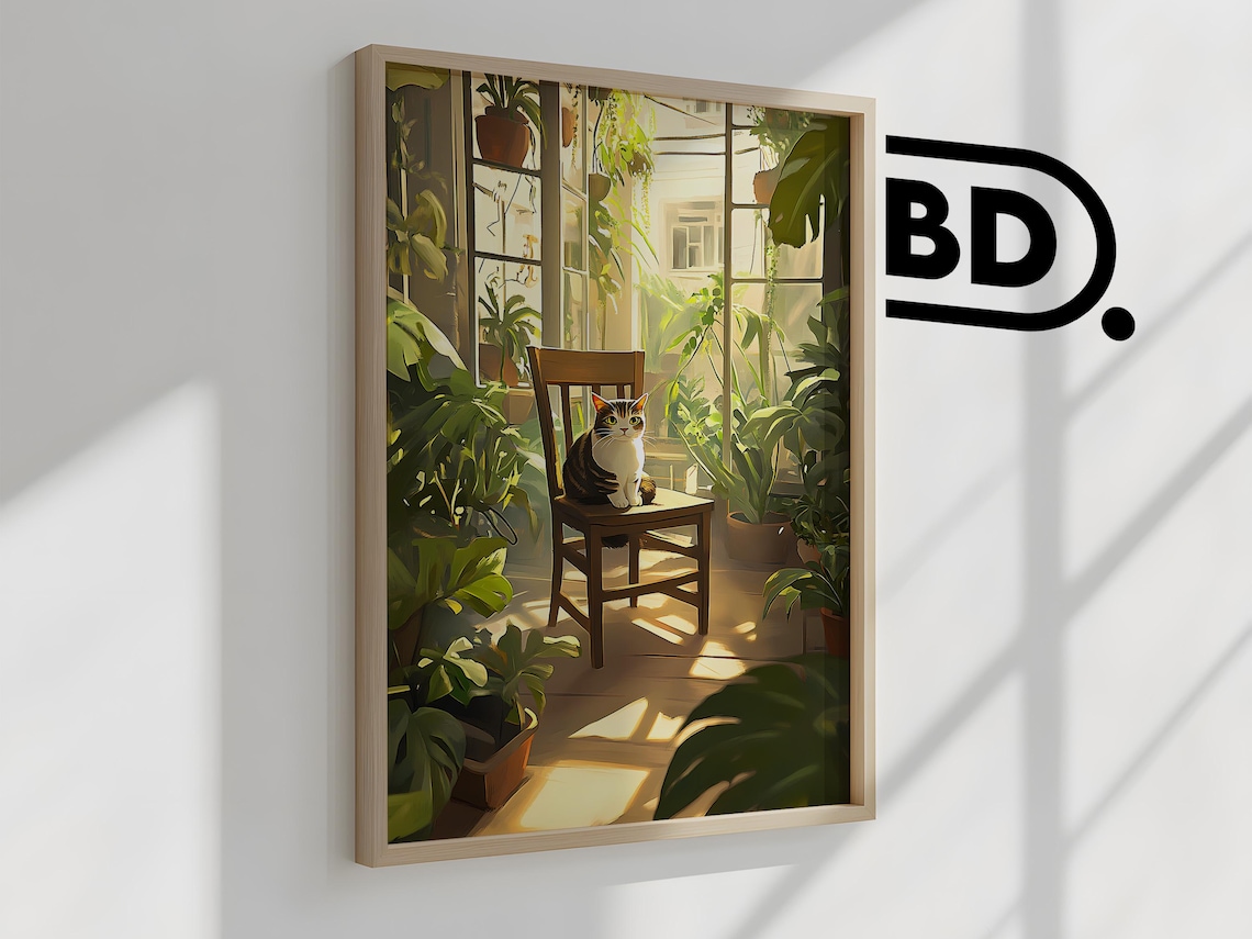 Tabby Cat on a Chair Sunlit Plant Room Cozy Illustration Poster - Image 2