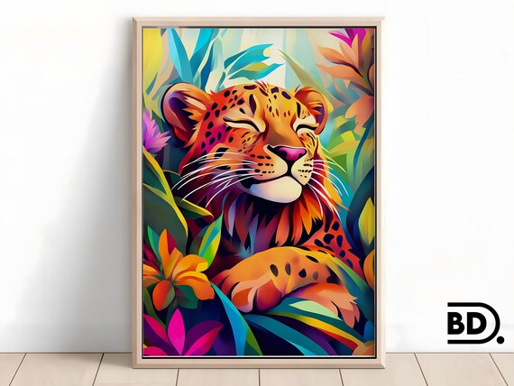 Sleepy Leopard Cub in a Tropical Flower Jungle Portrait Poster