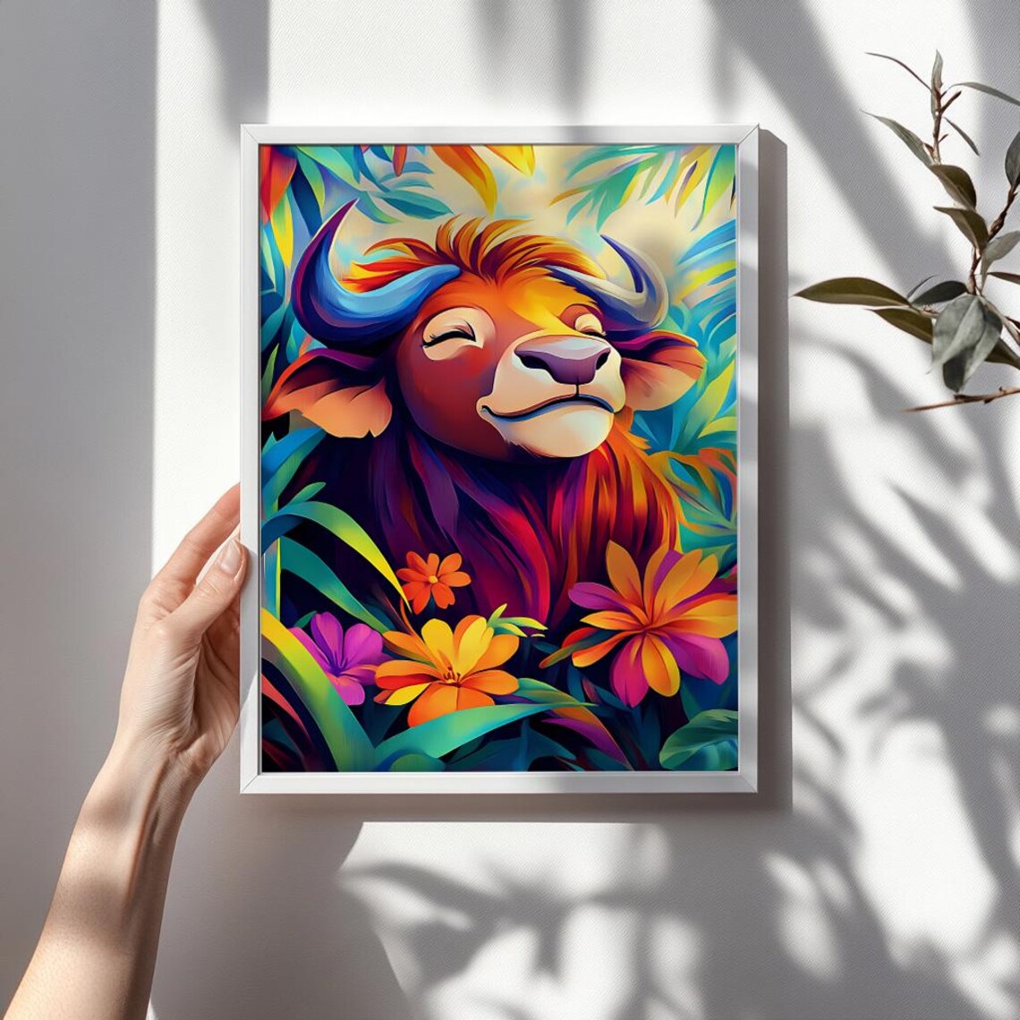 Smiling Buffalo Portrait in a Colorful Tropical Flower Jungle Poster - Image 3