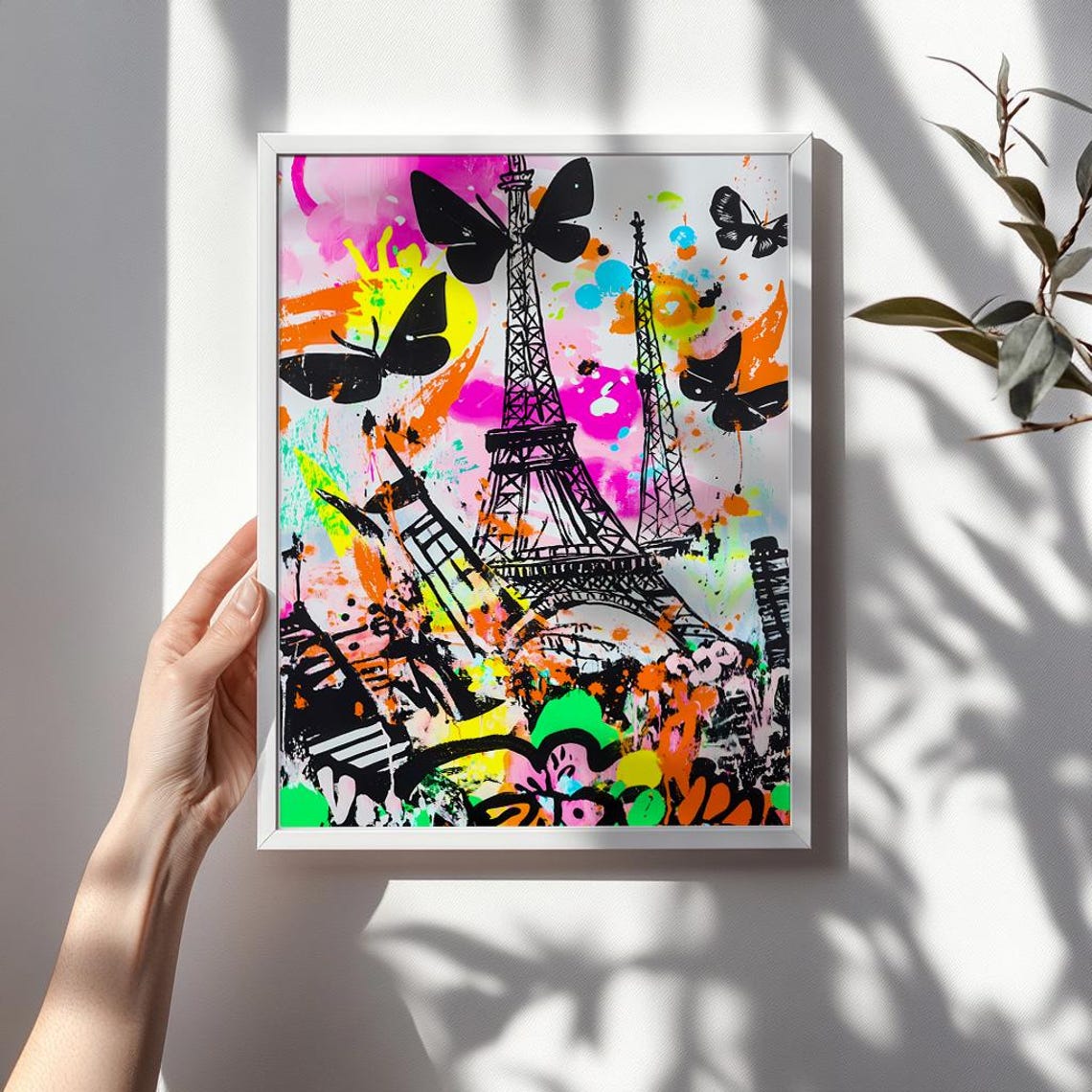 Neon Pop Art Eiffel Tower Bold Butterfly Urban Graffiti Painting Vibrant Paris Street Scene Modern Cityscape Artwork - Image 3