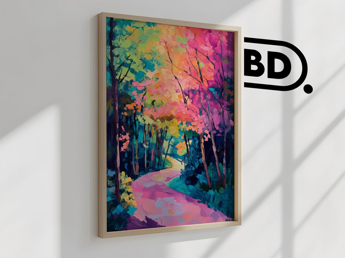 Colorful Abstract Landscape Print Bold Forest River Scene In Pop Art Style Pink Green Blue Hues Home Decor - Image 2