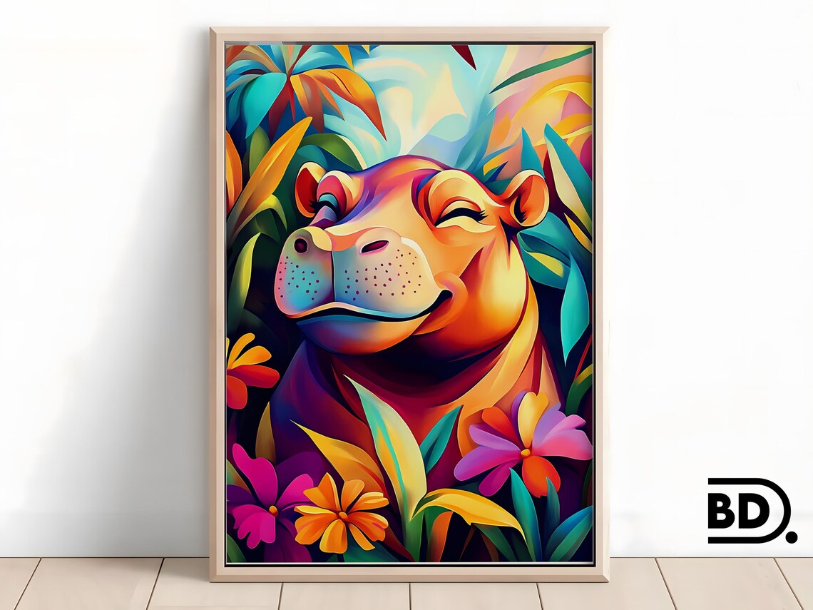 Smiling Hippo in a Colorful Jungle Tropical Flower Animal Poster