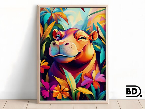 Smiling Hippo in a Colorful Jungle Tropical Flower Animal Poster