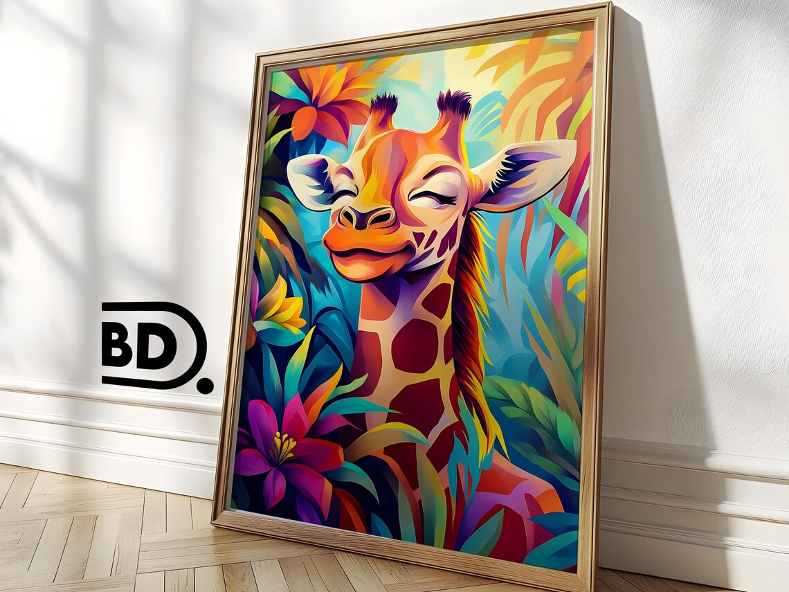 Smiling Giraffe Colorful Jungle Floral Animal Portrait Poster - Image 3