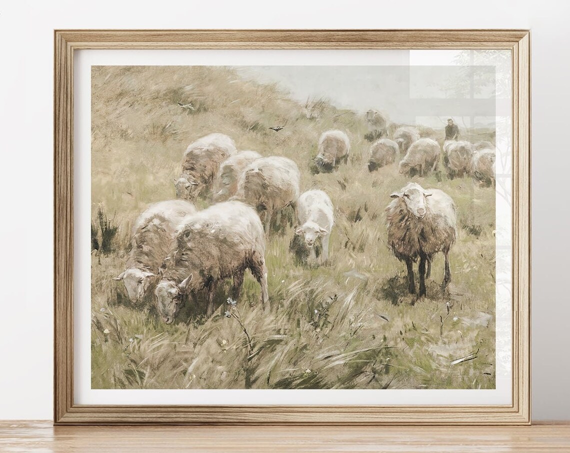 Vintage Flock of Sheep Grazing Meadow Antique Farm Animal Wall Art - Image 4