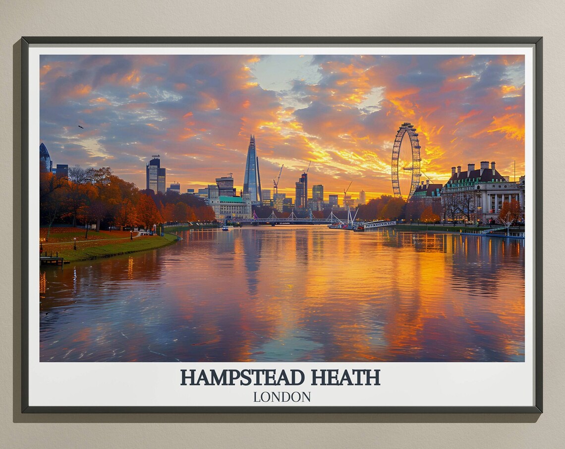 Hampstead Heath London Thames Sunset Skyline Travel Poster Scene