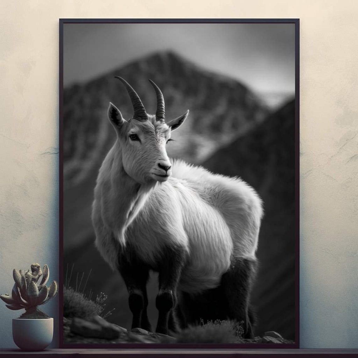 Black and White Mountain Goat Alpine Wildlife Portrait Poster