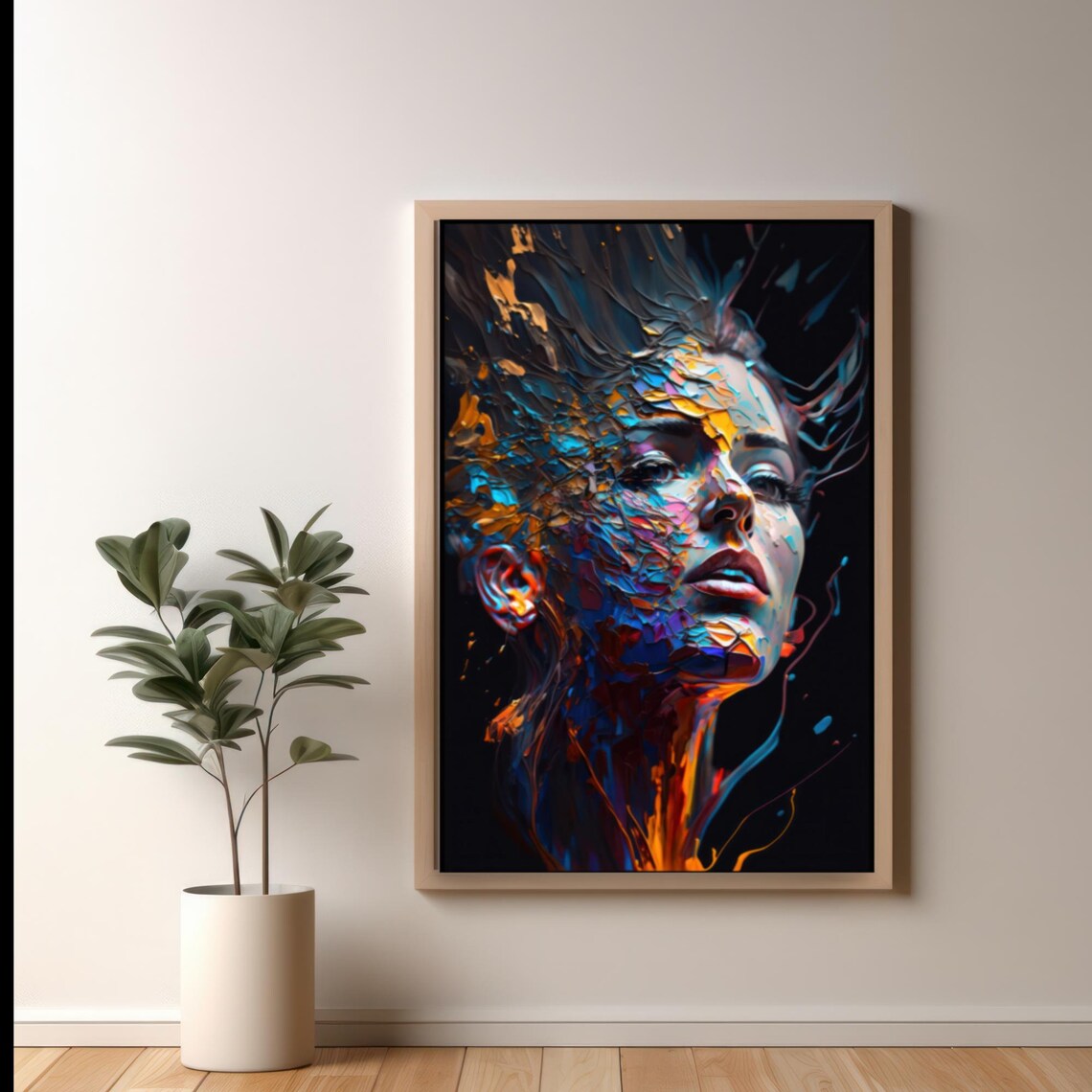 Abstract Colorful Woman Portrait Impasto Paint on Black Wall Art