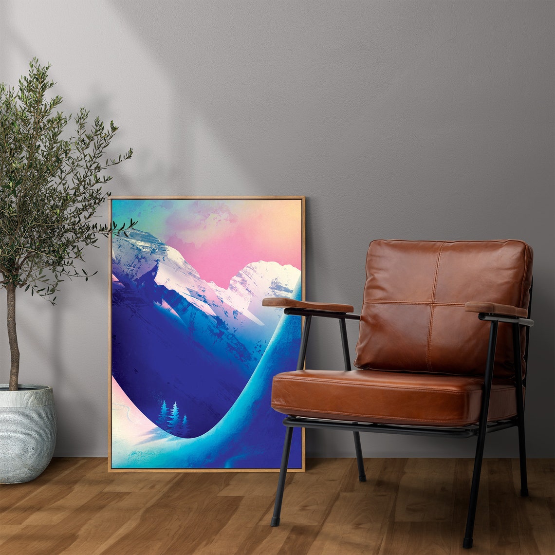 Snowy Mountain Sunrise Winter Landscape Art Poster in Blue and Pink - Image 3