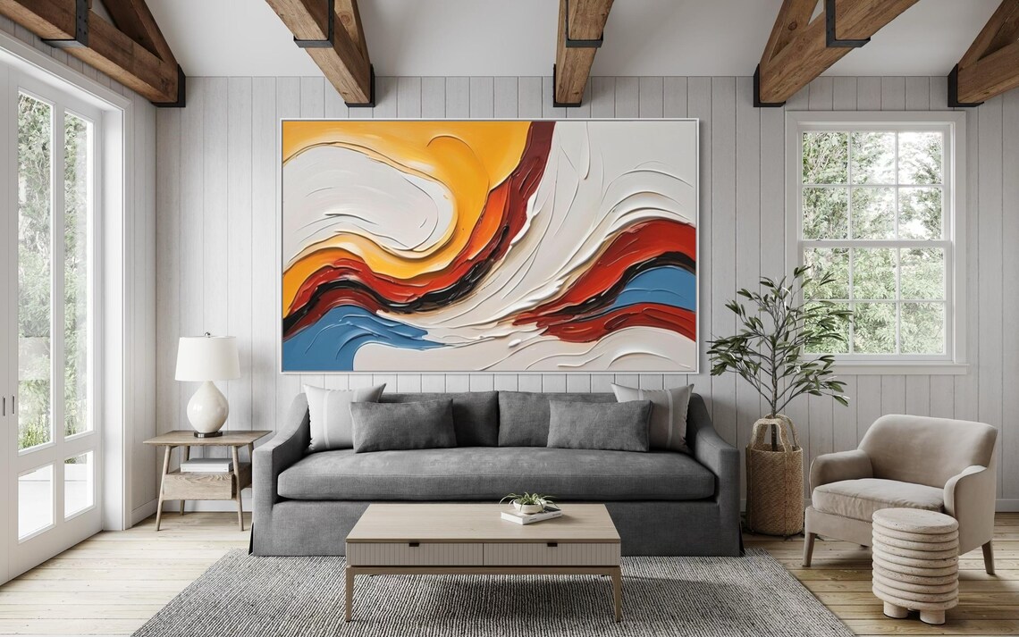 Abstract Colorful Textured Acrylic Painting Extra Large Horizontal Art Modern Home Wall Art Hanging Yellow White Blue Artwork Decor - Image 2